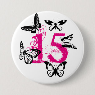 Zwarte vlinders op de roze '15' knop. ronde button 7,6 cm