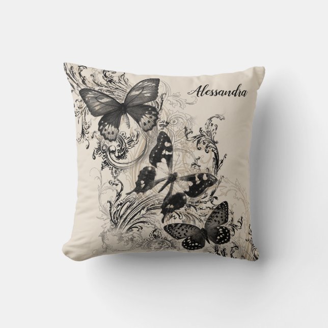 Zwarte vlinders op natuurlijke flourties kussen (Voorkant)