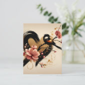 Zwarte Vogel en Kersenbloesem Hart Briefkaart (Staand voorkant)