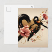 Zwarte Vogel en Kersenbloesem Hart Briefkaart (Voorkant / Achterkant)
