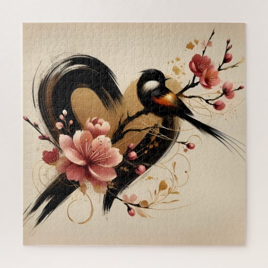 Zwarte Vogel en Kersenbloesem Hart Legpuzzel (Verticaal)