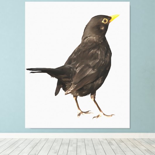 Zwarte vogel, geïsoleerd op witte acrylverf canvas afdruk (Insitu (Houten vloer))