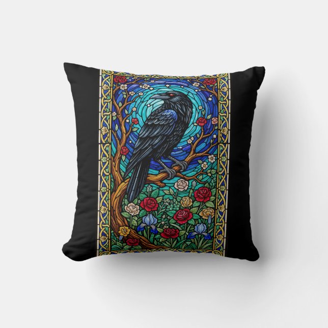 Zwarte Vogel Glas-in-Lood Corvid Raaf Kussen (Voorkant)