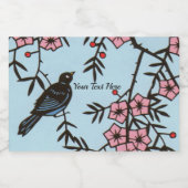 Zwarte vogel in kersenboom roze bloesem bloemen voedselcontainer etiket (Enkel label)