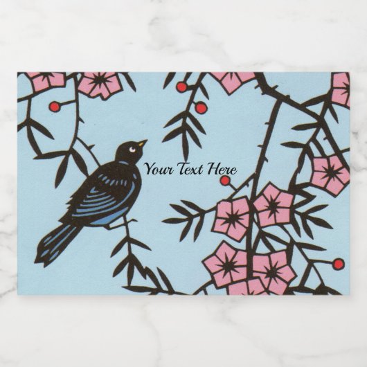 Zwarte vogel in kersenboom roze bloesem bloemen voedselcontainer etiket (Enkel label)