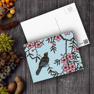 Zwarte vogel kersenbloesemboom briefkaart