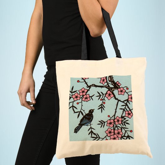 Zwarte vogel kersenbloesemboom tote bag