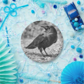 Zwarte vogel, kraai, op de rotsen papieren bordje (Feest)