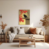 Zwarte vogel Melampitta en herfstbladeren Poster