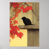Zwarte vogel Melampitta en herfstbladeren Poster (Voorkant)