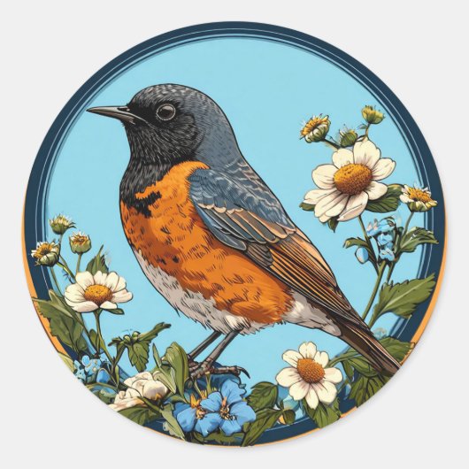 Zwarte Vogel Met Bloemen 🐦 Ronde Sticker (Voorkant)