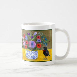 Zwarte vogel met stropdas Collage Whimsical vogelk Koffiemok