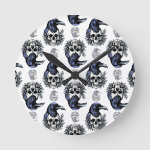 Zwarte vogel op een schedel Gothic Patroon Ontwerp Ronde Klok