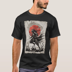 Zwarte Vogel Samurai Rode Zon Japanse Krijger Vint T-shirt