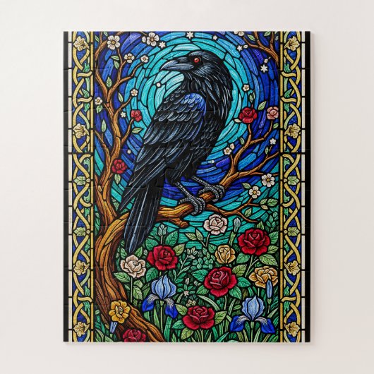 Zwarte Vogel Tuin Gebrandschilderd Glas Corvid Raa Legpuzzel (Verticaal)