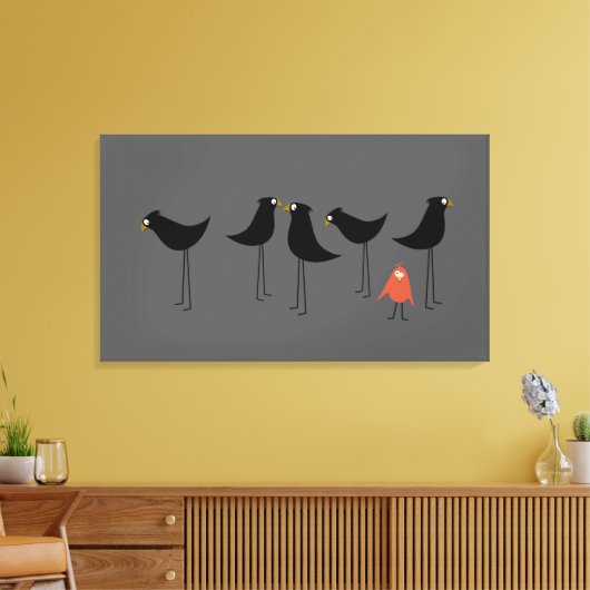 Zwarte-Vogelbezoeker, grijze achtergrond Canvas Afdruk (Insitu (Woonkamer))