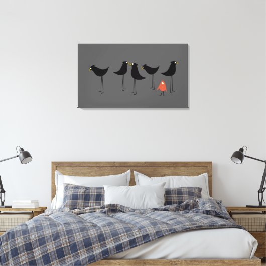 Zwarte-Vogelbezoeker, grijze achtergrond Canvas Afdruk (Insitu (Slaapkamer))