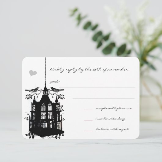  zwarte vogelkooi roze bruiloft RSVP (Staand voorkant)