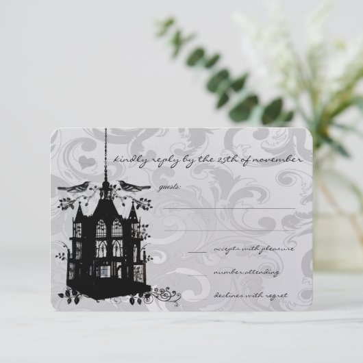 zwarte vogelkooi roze bruiloft RSVP (Staand voorkant)