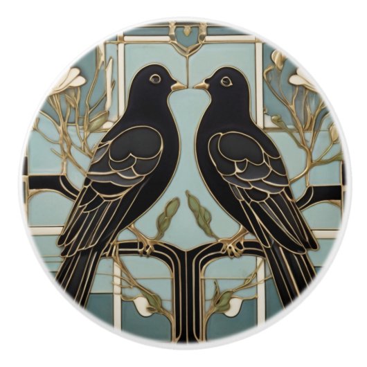 Zwarte vogels Art Nouveau Vogel Art Deco duiven Keramische Knop (Voorkant)