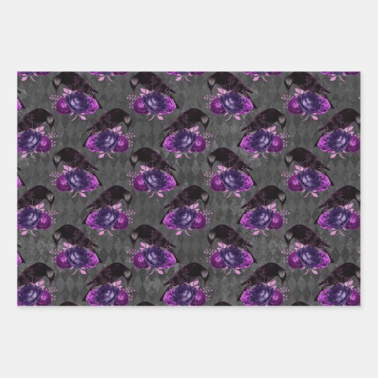Zwarte vogels en Paarse Rozen Inpakpapier Vel (Voorkant 3)