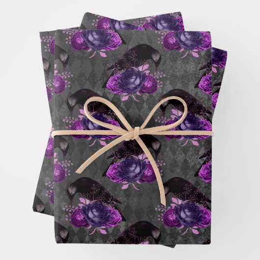 Zwarte vogels en Paarse Rozen Inpakpapier Vel (In situ)