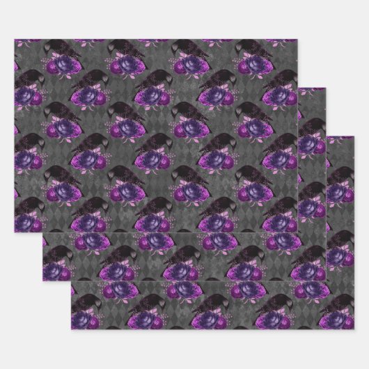 Zwarte vogels en Paarse Rozen Inpakpapier Vel (Set)