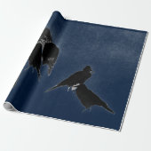 ZWARTE VOGELS IN BLAUW JAPANESE INKIJKVERVANGING CADEAUPAPIER (Uitgerold)