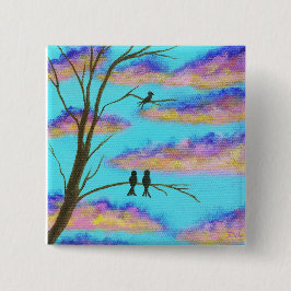 Zwarte vogels op boomlimmen Kleurrijke wolken heme Vierkante Button 5,1 Cm