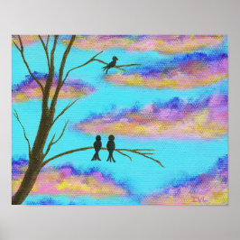 Zwarte vogels op takken Kleurrijke wolken Lucht Ku Poster