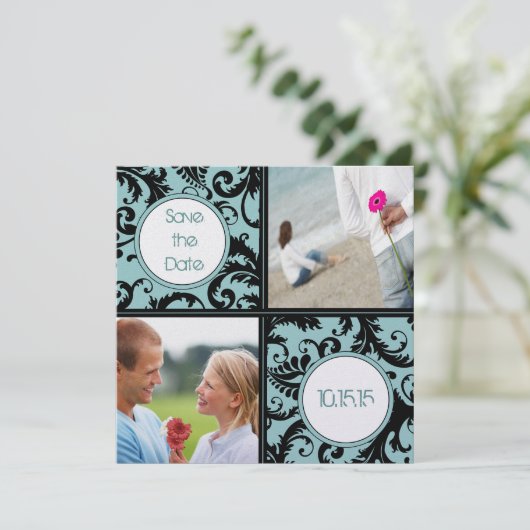 Zwarte vraag op Aqua Wedding Save the Date (Staand voorkant)