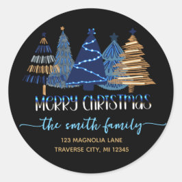 Zwarte Vrolijk Kerstmis blauwe Retouradres Ronde Sticker
