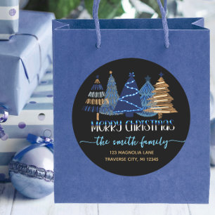 Zwarte Vrolijk Kerstmis blauwe Retouradres Ronde Sticker