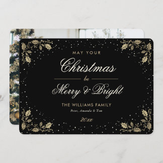 Zwarte vrolijke en heldere sneeuw Holly Foto Kerst Feestdagenkaart
