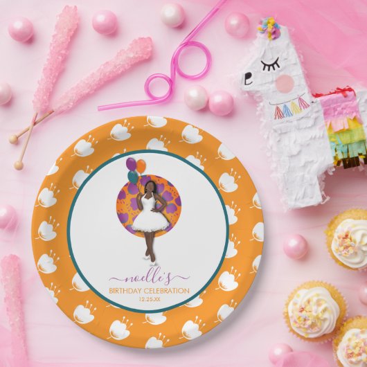 Zwarte Vrouw, Birthday-ballonnen en bloemen, Sinaa Papieren Bordje (Feest)