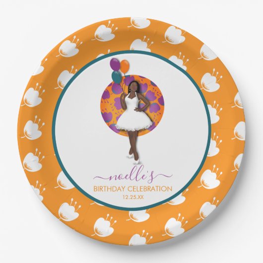 Zwarte Vrouw, Birthday-ballonnen en bloemen, Sinaa Papieren Bordje (Voorkant)