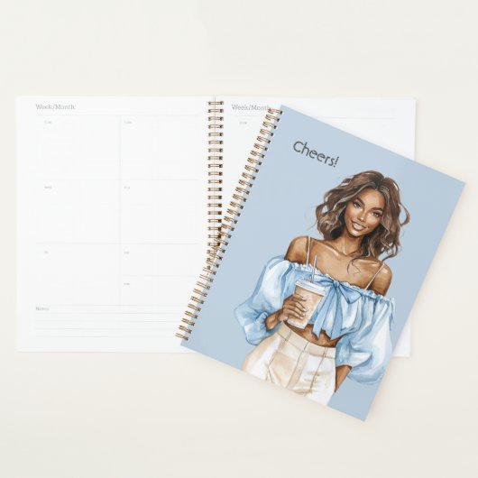 Zwarte vrouw blauwe top Cheers drankje Planner (Display)