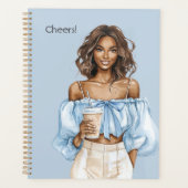 Zwarte vrouw blauwe top Cheers drankje Planner (Voorkant)