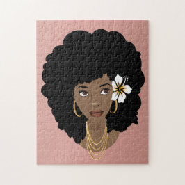 Zwarte Vrouw, Bloem in haar Haar, Roze Blush Legpuzzel