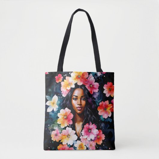 Zwarte Vrouw Bloemstuk Kunst Tote Bag (Voorkant)