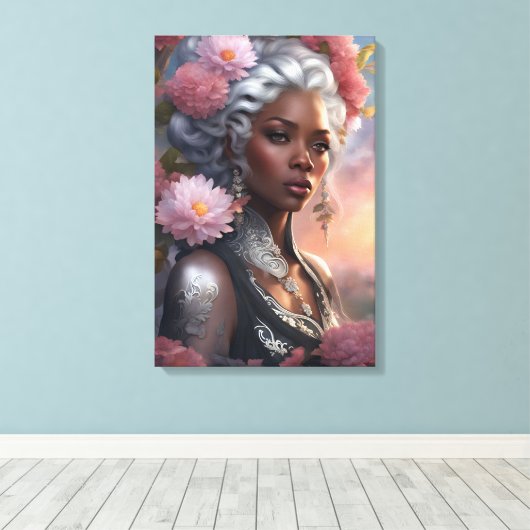 Zwarte Vrouw Bloemtuin Canvas Afdruk (Insitu (Houten vloer))