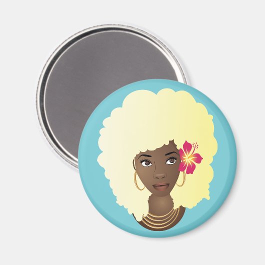 Zwarte Vrouw, Blond Afro, Bloem in Natuurlijk Haar Magneet (Voorkant / Achterkant)
