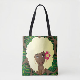 Zwarte Vrouw, Blond Afro, Groene bladeren, Bruin Tote Bag