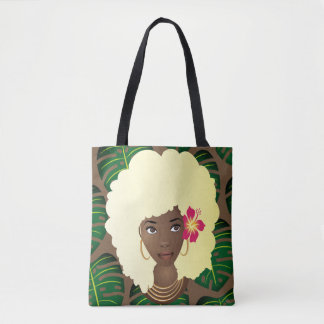 Zwarte Vrouw, Blond Afro, Groene bladeren, Bruin Tote Bag