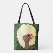 Zwarte Vrouw, Blond Afro, Groene bladeren, Bruin Tote Bag (Achterkant)