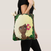 Zwarte Vrouw, Blond Afro, Groene bladeren, Bruin Tote Bag (Dichtbij)