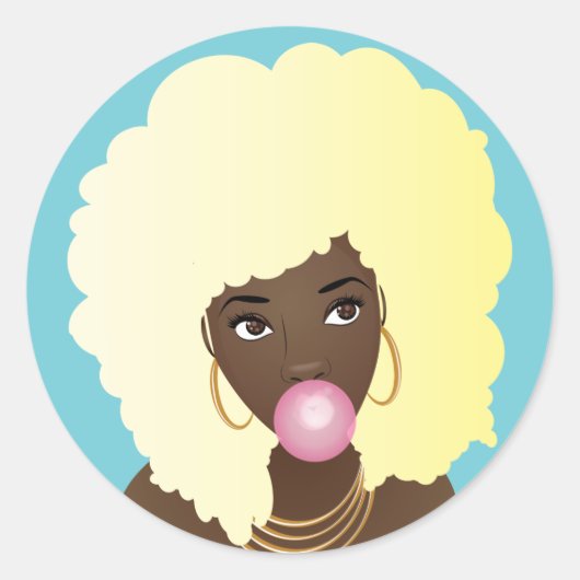 Zwarte Vrouw, Blond Afro, Popping Pink Bubblegum Ronde Sticker (Voorkant)