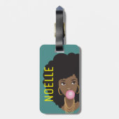 Zwarte vrouw, Bubblegum, Natuurlijke haar, Blauwgr Bagagelabel (Achterkant verticaal)