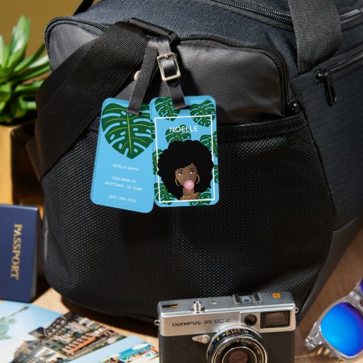 Zwarte Vrouw, Bubblegum, Tropische Bladeren, Blauw Bagagelabel (Voorkant /achterkant)