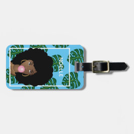 Zwarte Vrouw, Bubblegum, Tropische Bladeren, Blauw Bagagelabel